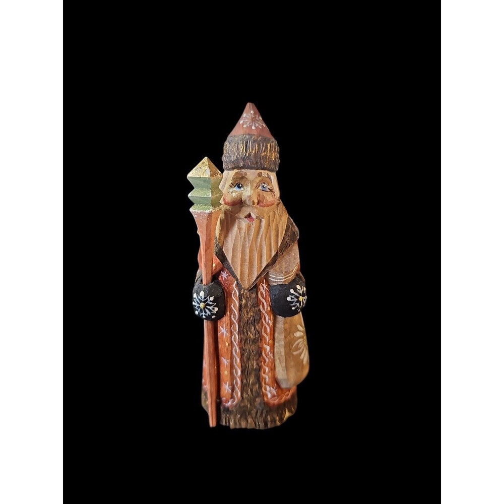 Wooden Santa Hand Carved & Painted Figure Russian Folk Art W Staff Vintage 5.5"
